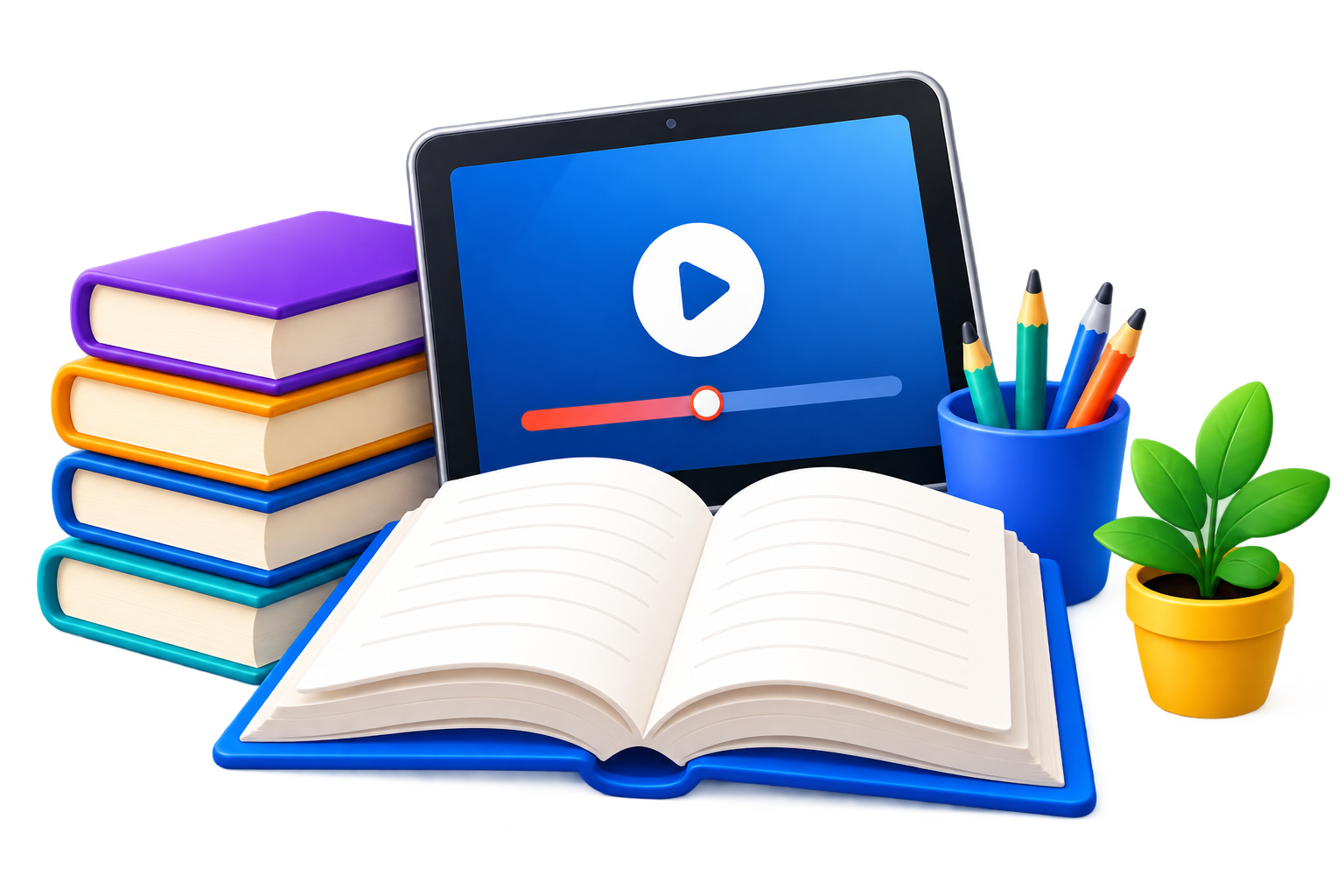 Books, tablet, pencils and a plant